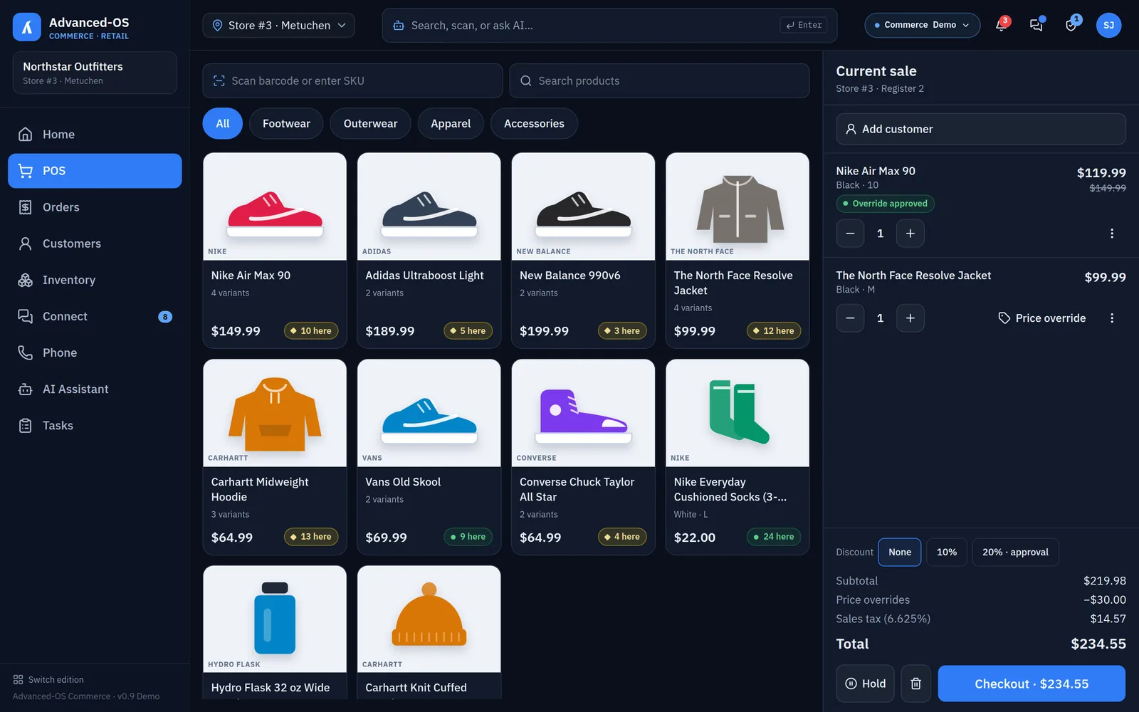 Commerce Edition retail POS with product tiles, stock by store and a sale with an approved price override