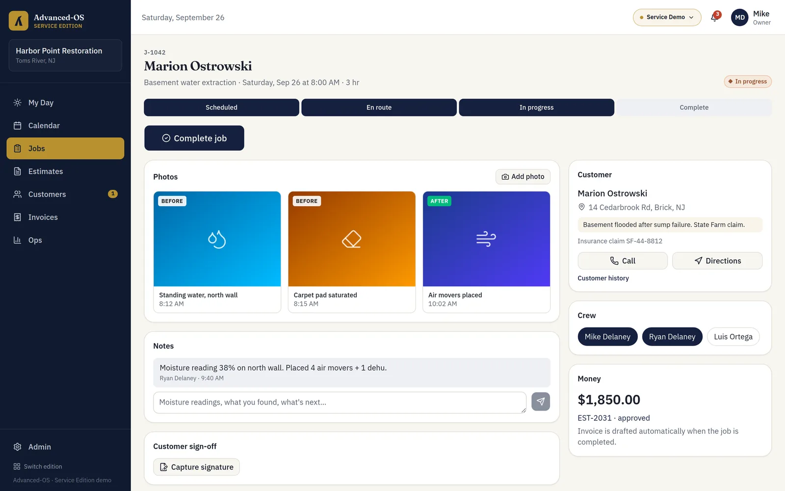 Service Edition job page with status steps, before and after photos, notes, crew and customer details